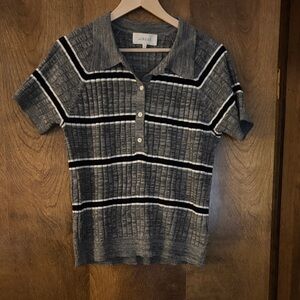 The Great. Gray , white and Black Striped Polo Shirt